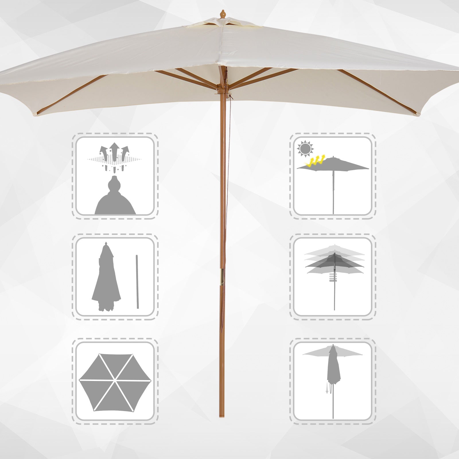 Garden Umbrella 295x200 cm with Wooden Post Bamboo Ribs and Pulley Rectangular Garden Parasol Waterproof for Patio or Terrace Classic Style Cream