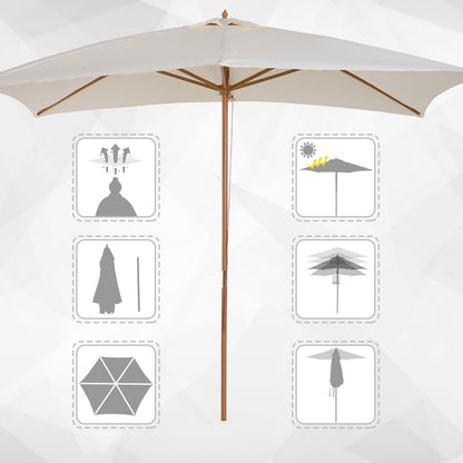 Garden Umbrella 295x200 cm with Wooden Post Bamboo Ribs and Pulley Rectangular Garden Parasol Waterproof for Patio or Terrace Classic Style Cream
