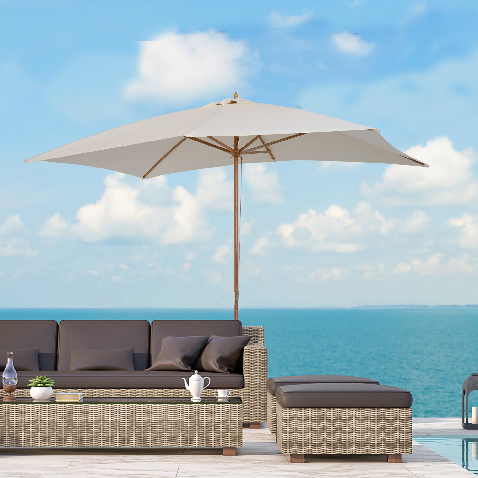 Garden Umbrella 295x200 cm with Wooden Post Bamboo Ribs and Pulley Rectangular Garden Parasol Waterproof for Patio or Terrace Classic Style Cream