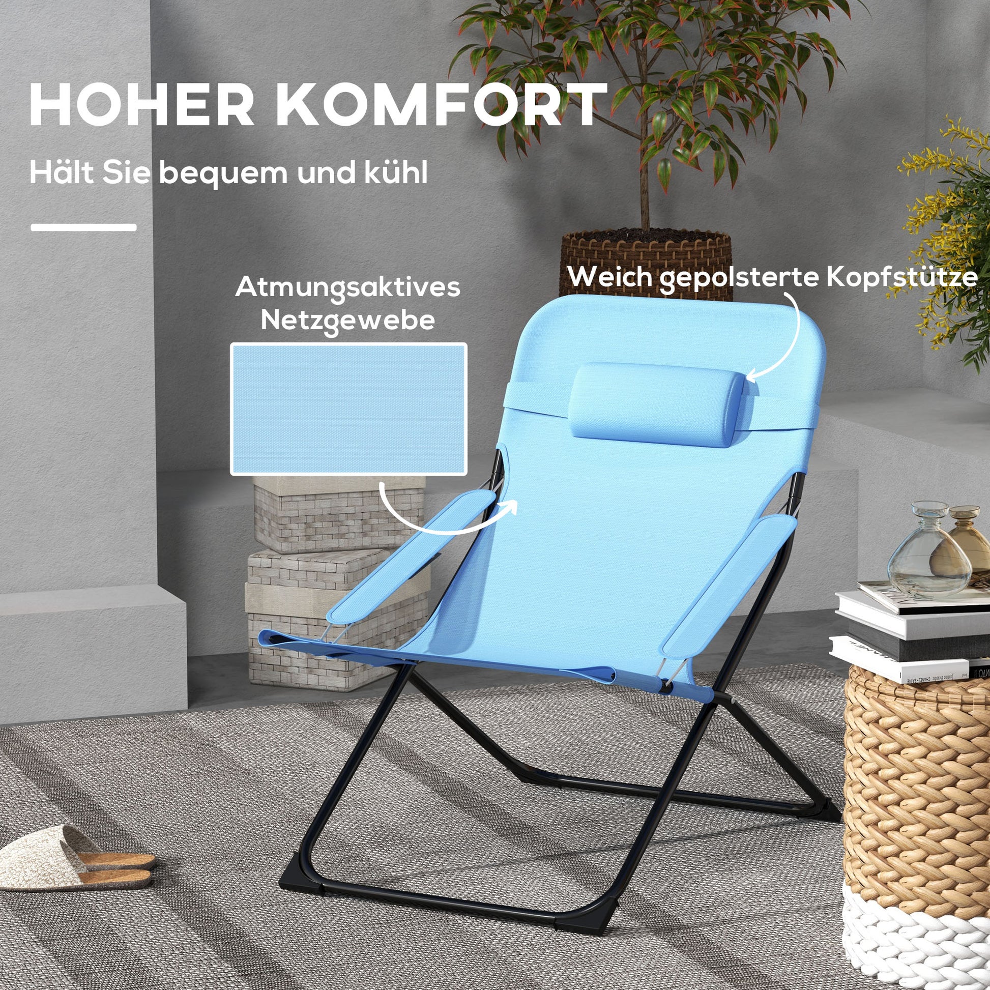 Folding Garden Chair with Adjustable Backrest Camping Chair with Headrest up to 120 kg Load for Garden Balcony Mesh Blue