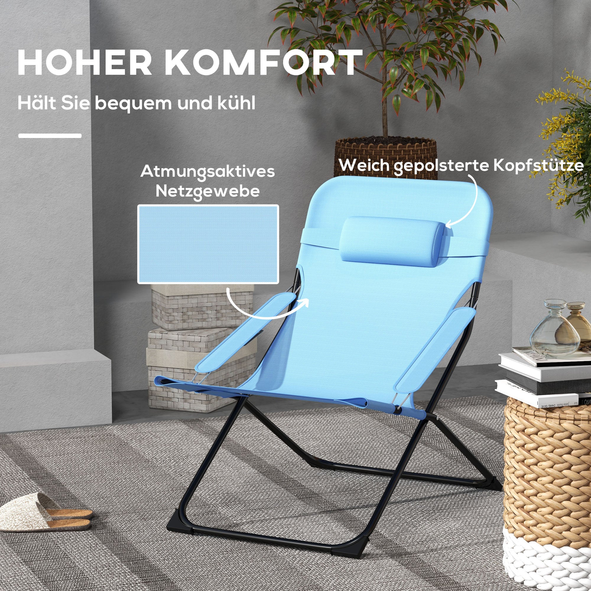Folding Garden Chair with Adjustable Backrest Camping Chair with Headrest up to 120 kg Load for Garden Balcony Mesh Blue