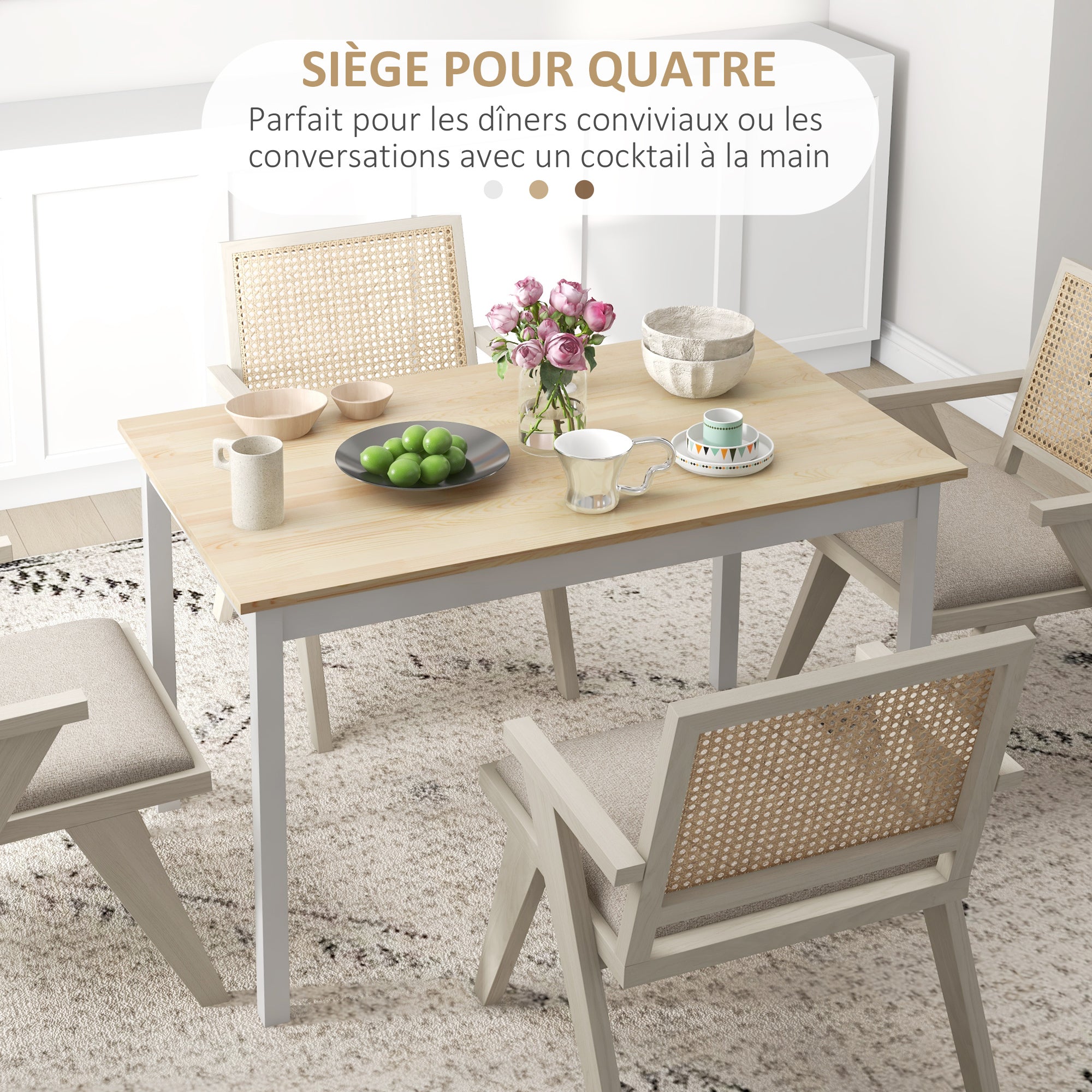 Dining Table, Kitchen Table, Solid Wood Structure, 4 Persons, Dining Table, Vintage Design, 120cm, Natural and White