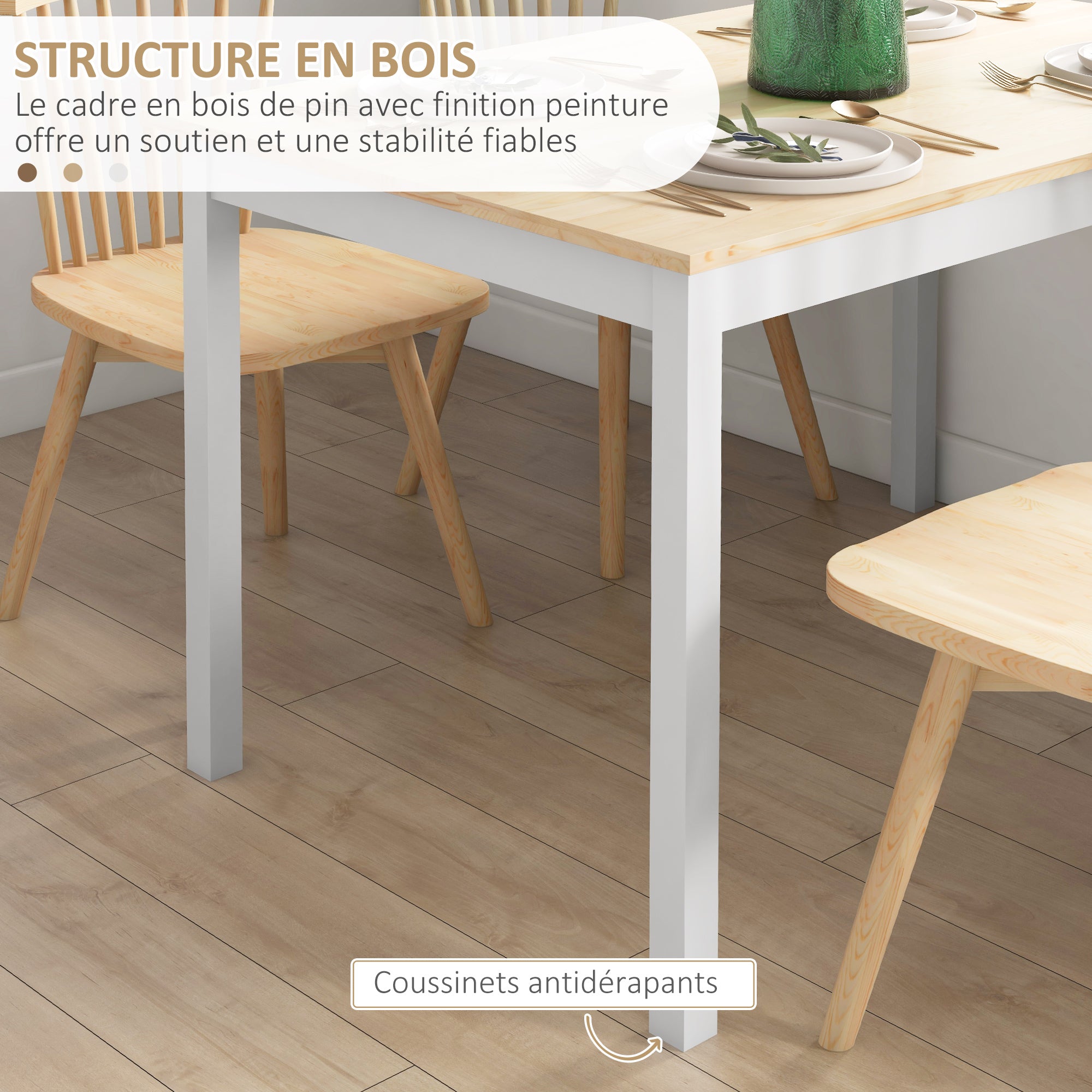 Dining Table, Kitchen Table, Solid Wood Structure, 4 Persons, Dining Table, Vintage Design, 120cm, Natural and White