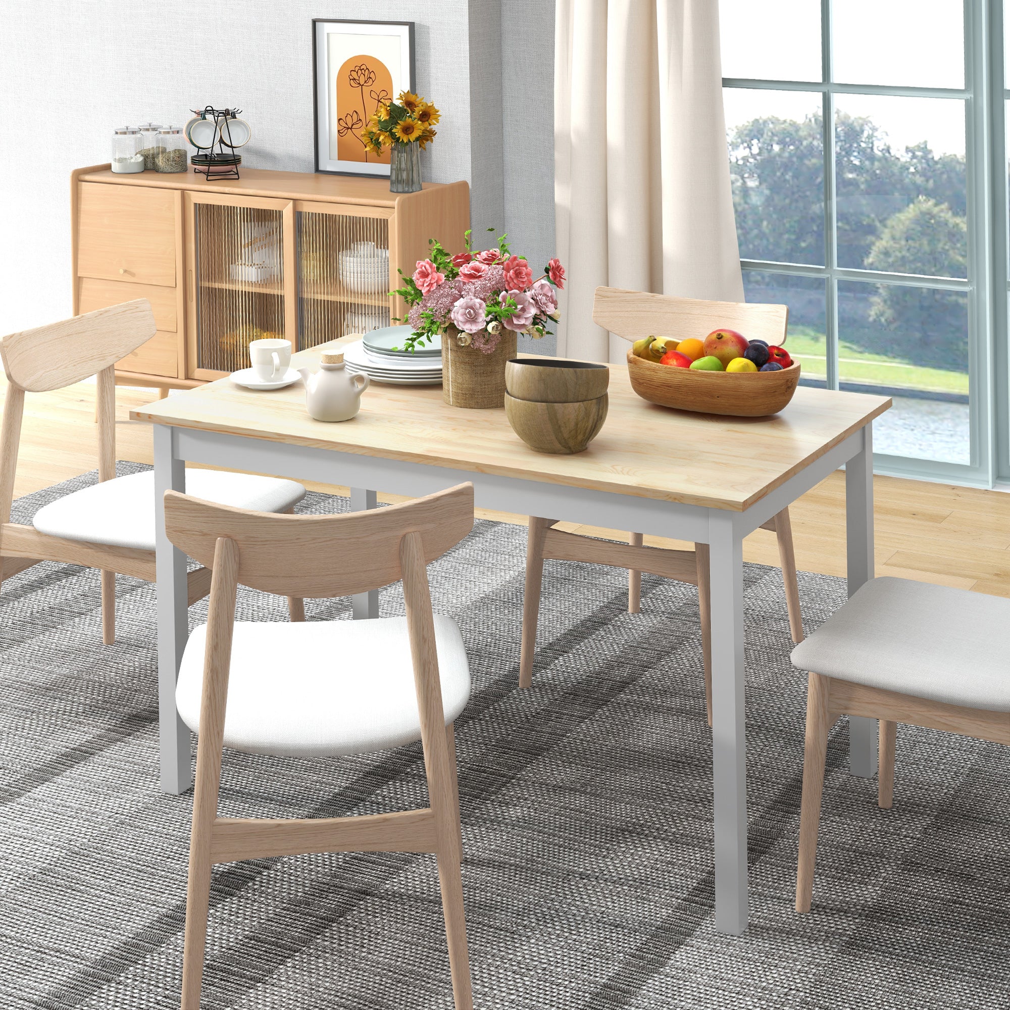 Dining Table, Kitchen Table, Solid Wood Structure, 4 Persons, Dining Table, Vintage Design, 120cm, Natural and White
