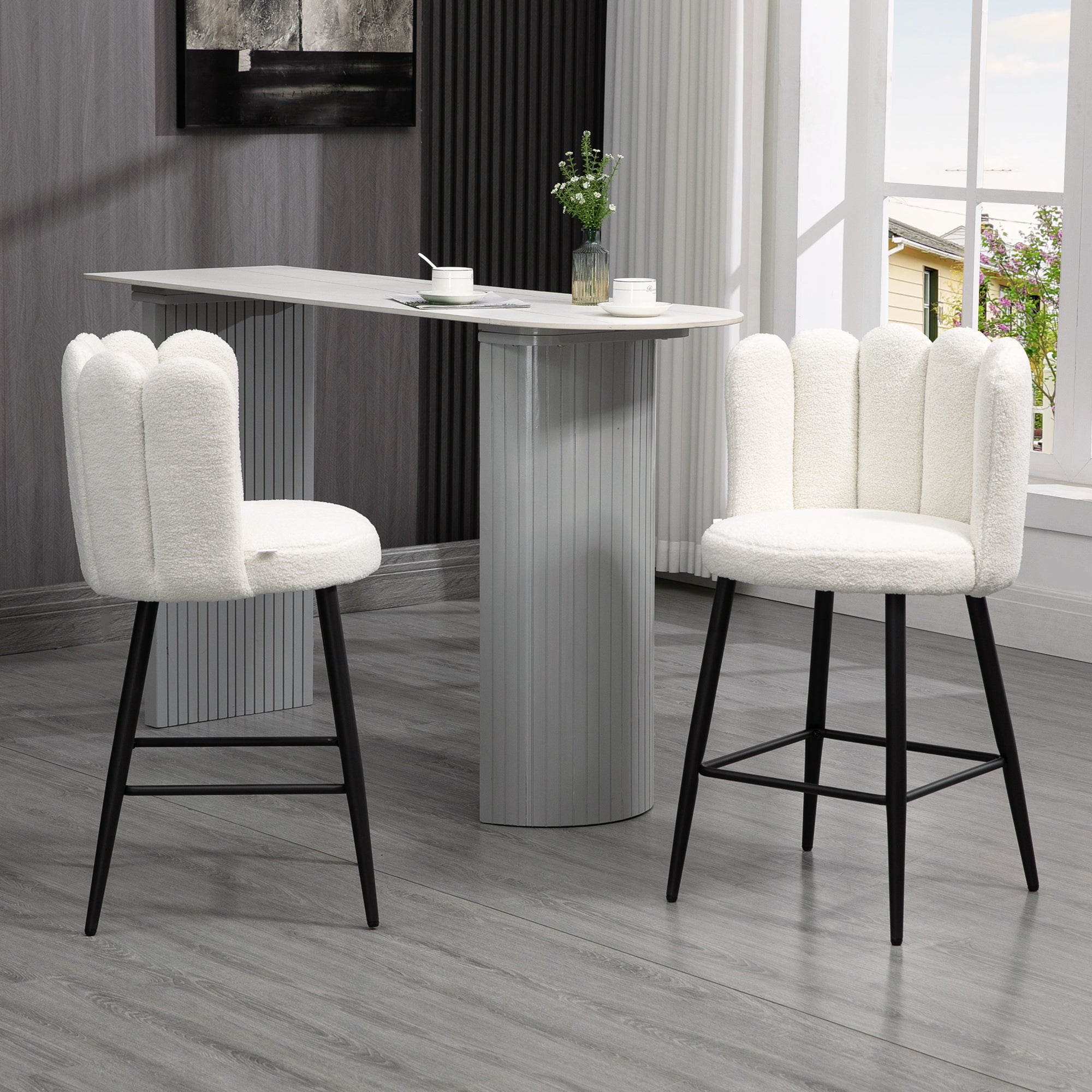 Bar Stools, Set of 2, High Chairs, looped wool effect fabric, steel frame, height 65 cm, with backrest and footrest, easy assembly, high kitchen seat, cream black