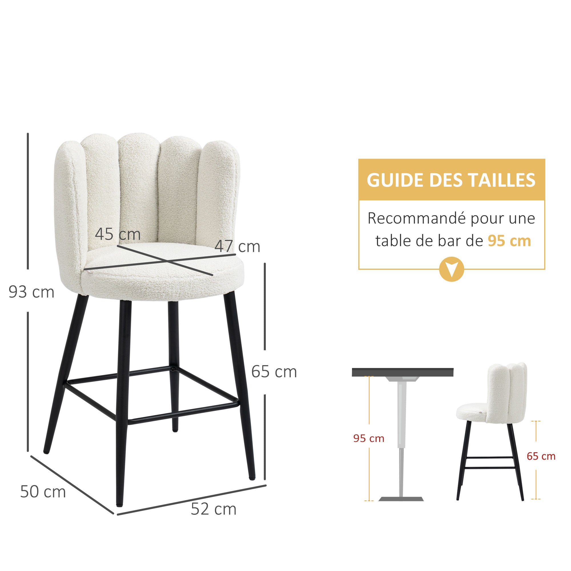 Bar Stools, Set of 2, High Chairs, looped wool effect fabric, steel frame, height 65 cm, with backrest and footrest, easy assembly, high kitchen seat, cream black