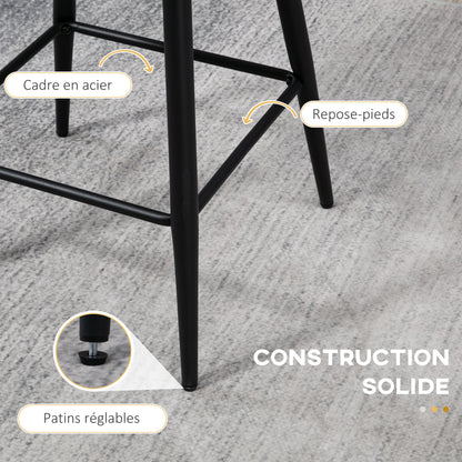 Bar Stools, Set of 2, High Chairs, looped wool effect fabric, steel frame, height 65 cm, with backrest and footrest, easy assembly, high kitchen seat, cream black