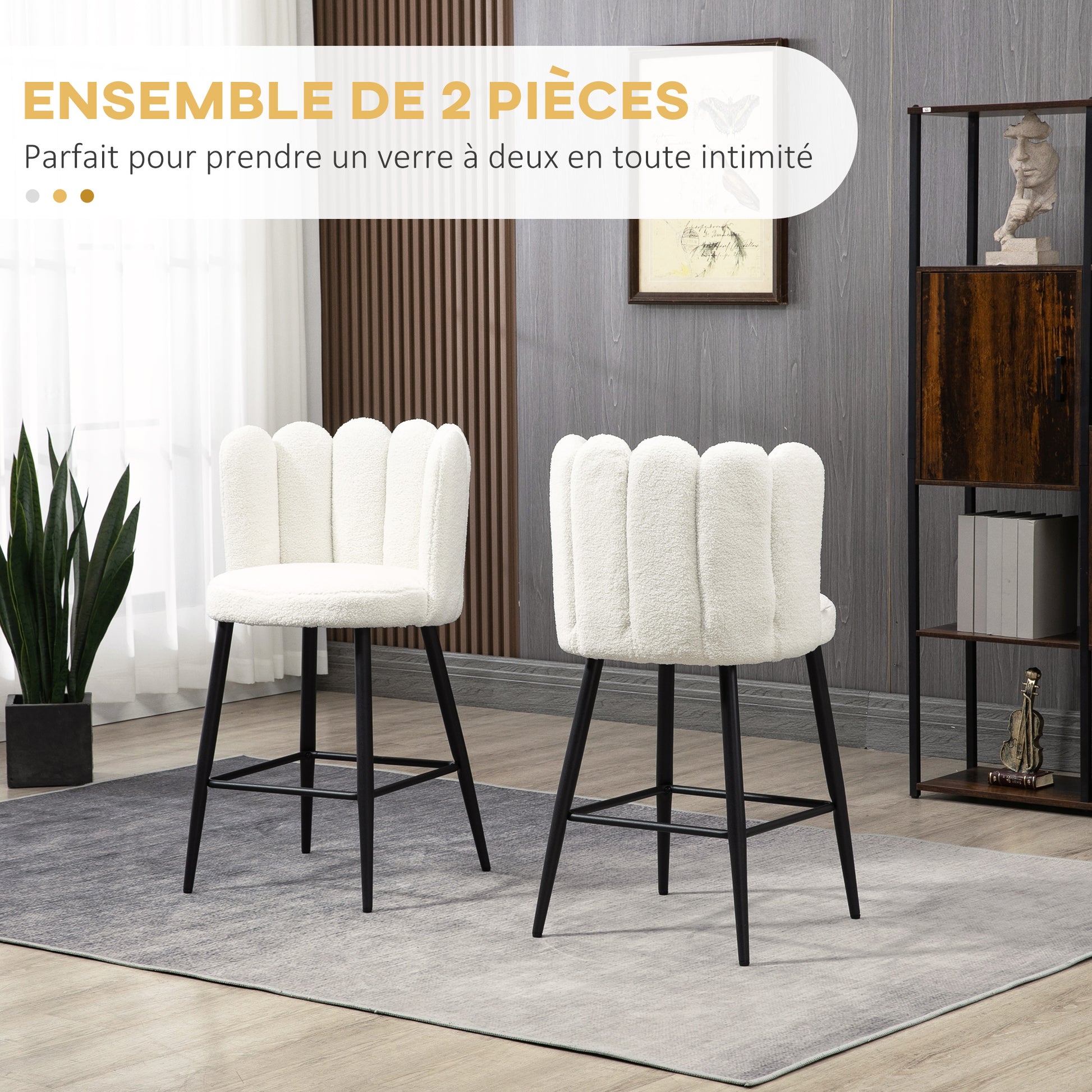Bar Stools, Set of 2, High Chairs, looped wool effect fabric, steel frame, height 65 cm, with backrest and footrest, easy assembly, high kitchen seat, cream black