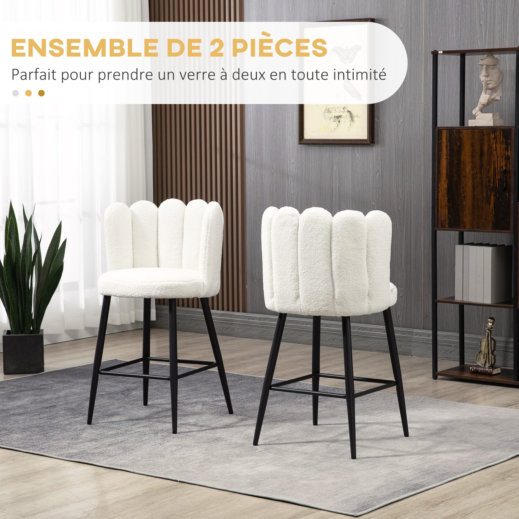 Bar Stools, Set of 2, High Chairs, looped wool effect fabric, steel frame, height 65 cm, with backrest and footrest, easy assembly, high kitchen seat, cream black