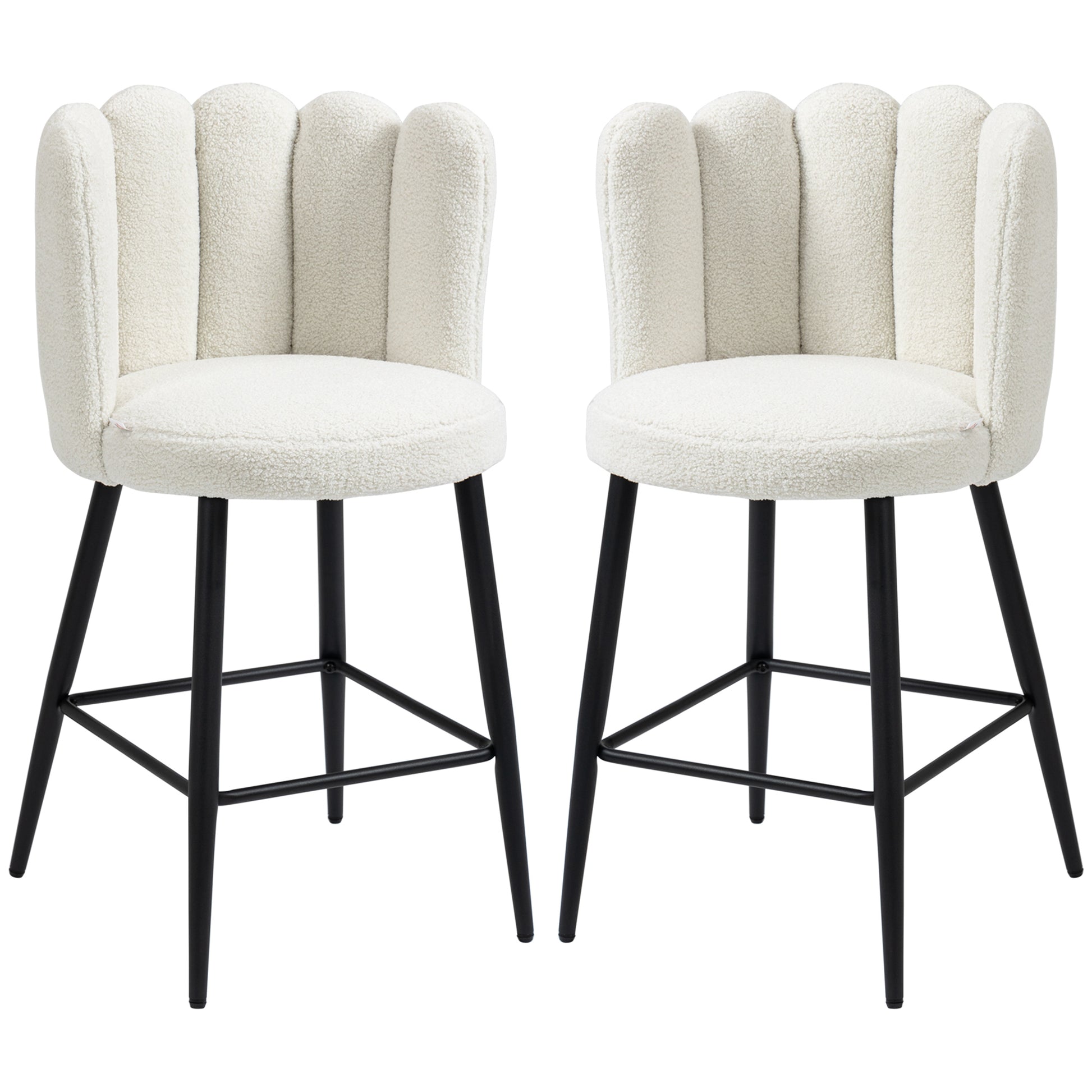 Bar Stools, Set of 2, High Chairs, looped wool effect fabric, steel frame, height 65 cm, with backrest and footrest, easy assembly, high kitchen seat, cream black