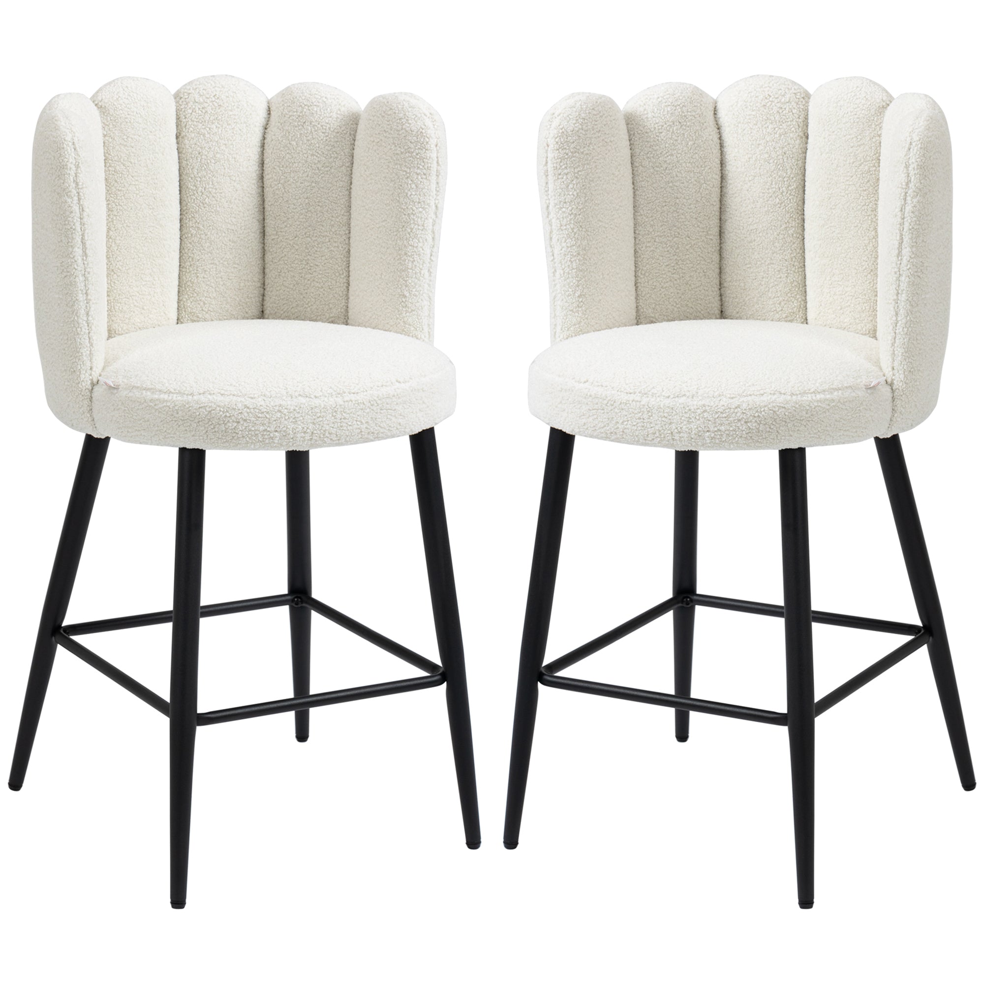 Bar Stools, Set of 2, High Chairs, looped wool effect fabric, steel frame, height 65 cm, with backrest and footrest, easy assembly, high kitchen seat, cream black