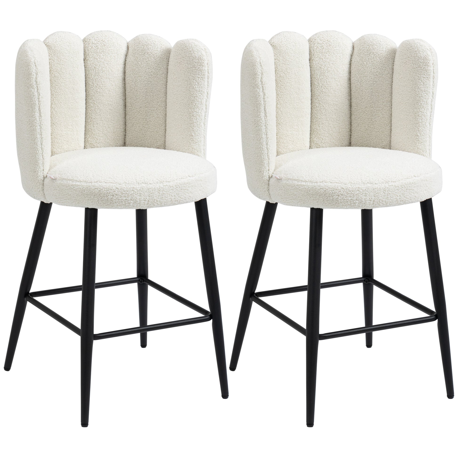 Bar Stools, Set of 2, High Chairs, looped wool effect fabric, steel frame, height 65 cm, with backrest and footrest, easy assembly, high kitchen seat, cream black