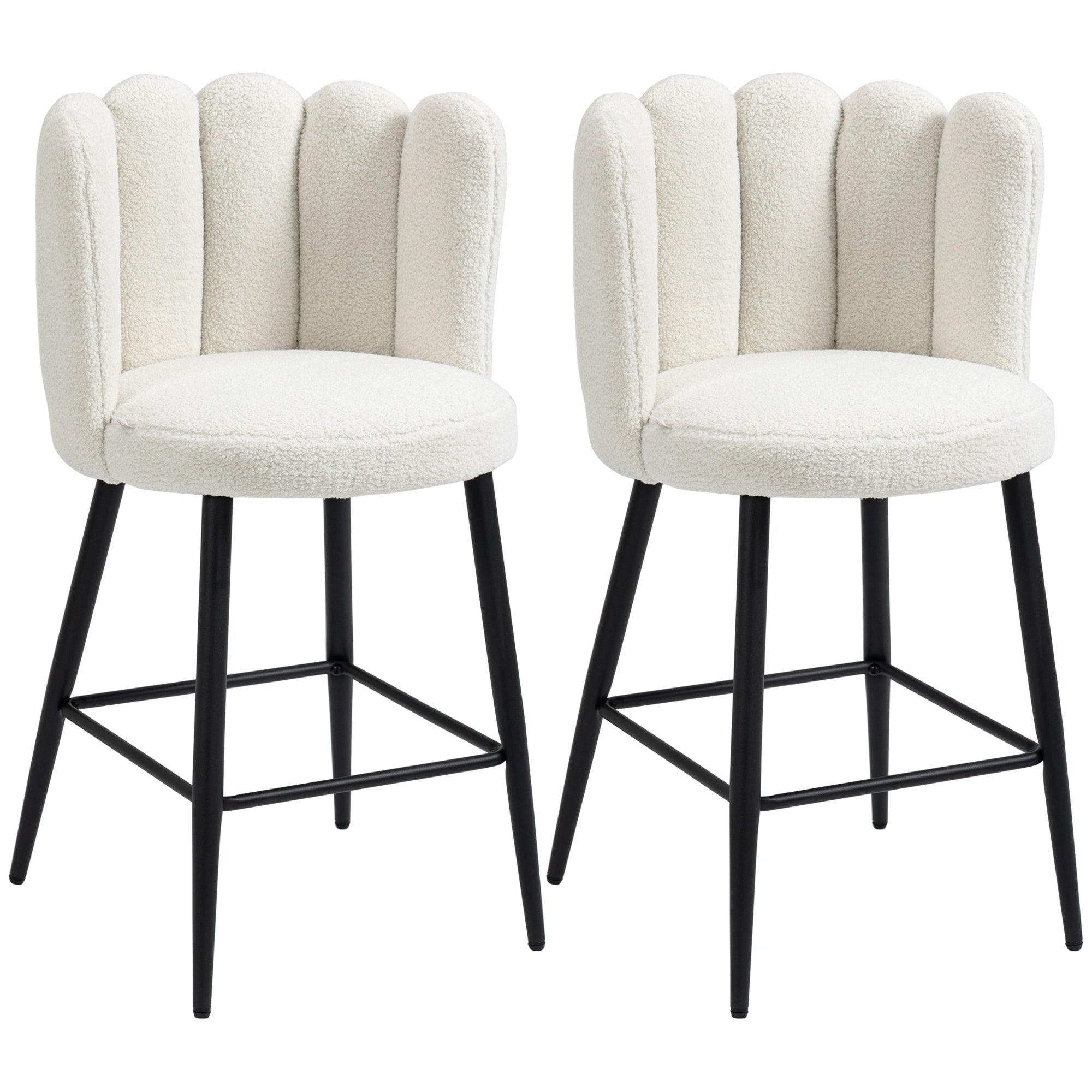Bar Stools, Set of 2, High Chairs, looped wool effect fabric, steel frame, height 65 cm, with backrest and footrest, easy assembly, high kitchen seat, cream black