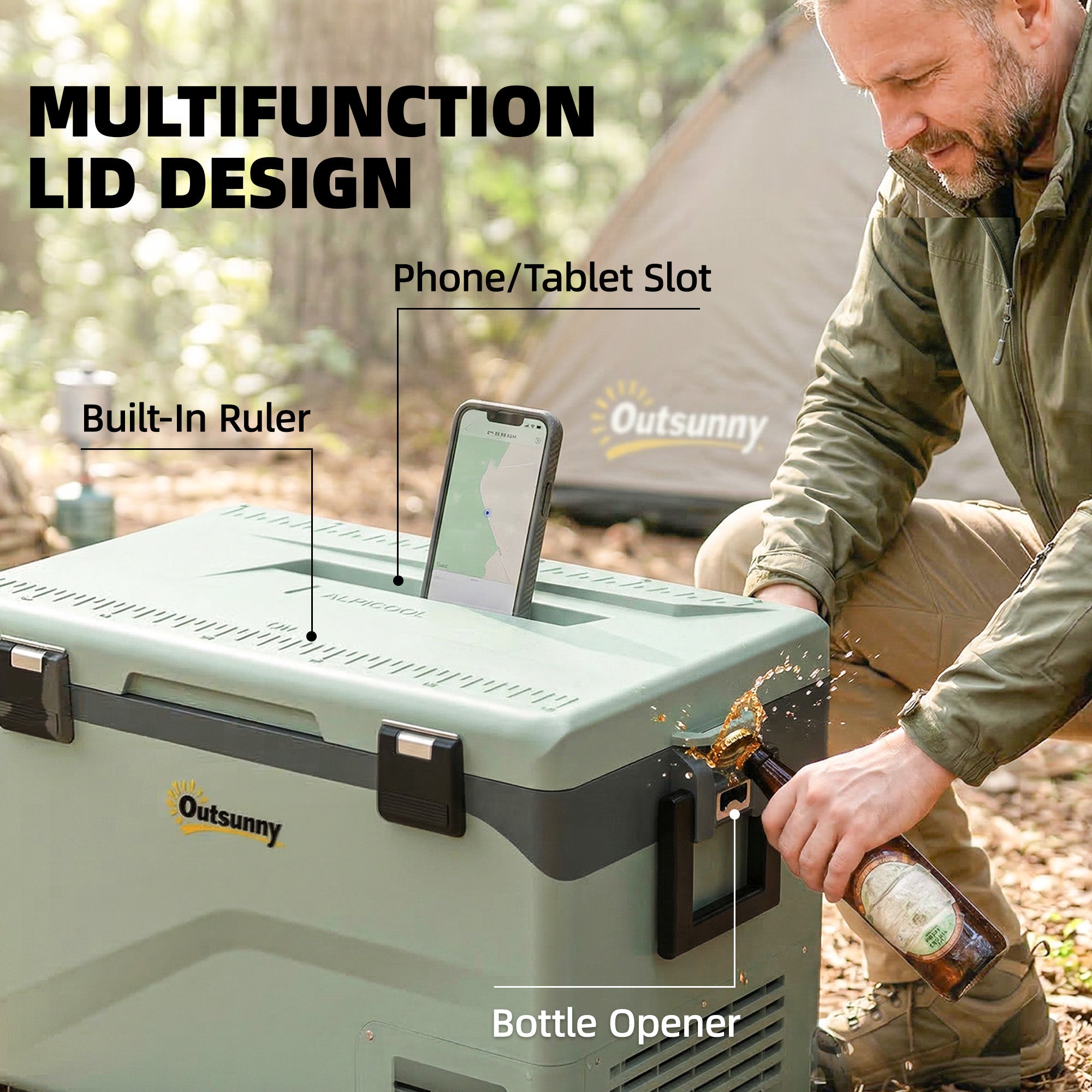 42.5L Portable Electric Cooler (12/24/240V) — Compressor Fridge/Freezer, Bluetooth App, LED Display, ECO & MAX Modes, Handle, Phone Holder, Wheels (Green/Black)