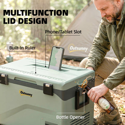 42.5L Portable Electric Cooler (12/24/240V) — Compressor Fridge/Freezer, Bluetooth App, LED Display, ECO & MAX Modes, Handle, Phone Holder, Wheels (Green/Black)