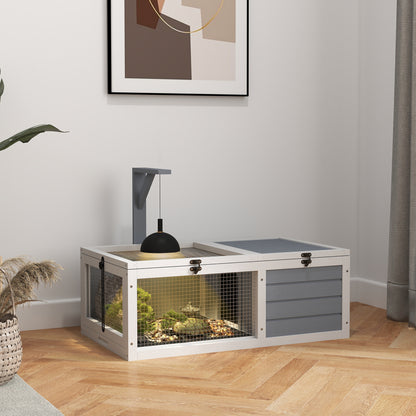 Turtle Enclosure, outdoor wooden land turtle house with lamp stand, 2 sliding trays, cage for land turtles, rabbits, and small animals - dimensions 81 x 48 x 31.5 cm, light gray