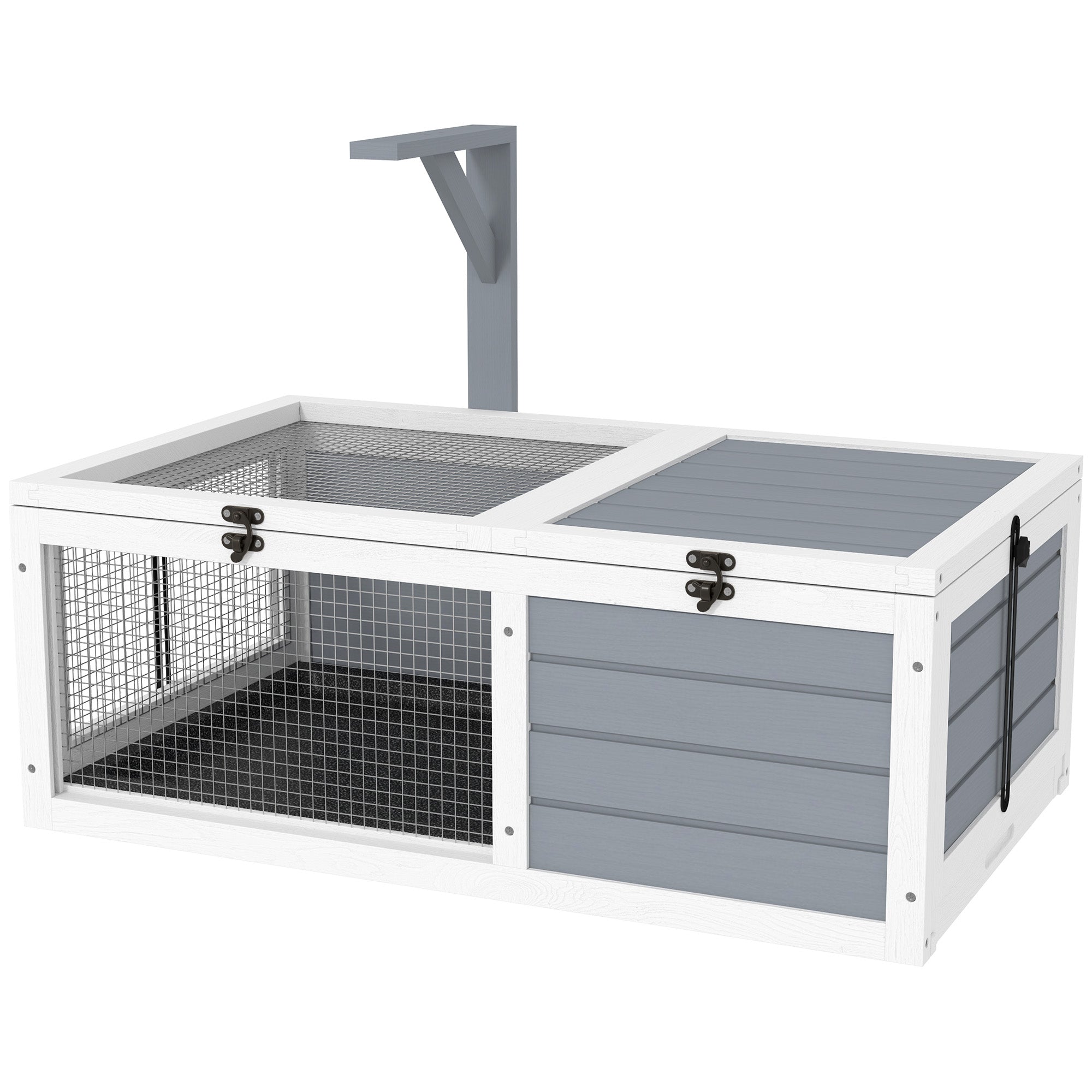 Turtle Enclosure, outdoor wooden land turtle house with lamp stand, 2 sliding trays, cage for land turtles, rabbits, and small animals - dimensions 81 x 48 x 31.5 cm, light gray