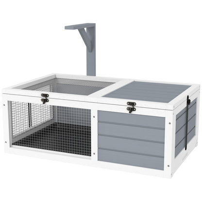 Turtle Enclosure, outdoor wooden land turtle house with lamp stand, 2 sliding trays, cage for land turtles, rabbits, and small animals - dimensions 81 x 48 x 31.5 cm, light gray