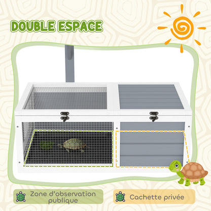 Turtle Enclosure, outdoor wooden land turtle house with lamp stand, 2 sliding trays, cage for land turtles, rabbits, and small animals - dimensions 81 x 48 x 31.5 cm, light gray