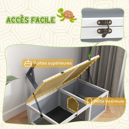 Turtle Enclosure, outdoor wooden land turtle house with lamp stand, 2 sliding trays, cage for land turtles, rabbits, and small animals - dimensions 81 x 48 x 31.5 cm, light gray