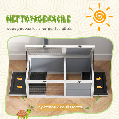 Turtle Enclosure, outdoor wooden land turtle house with lamp stand, 2 sliding trays, cage for land turtles, rabbits, and small animals - dimensions 81 x 48 x 31.5 cm, light gray