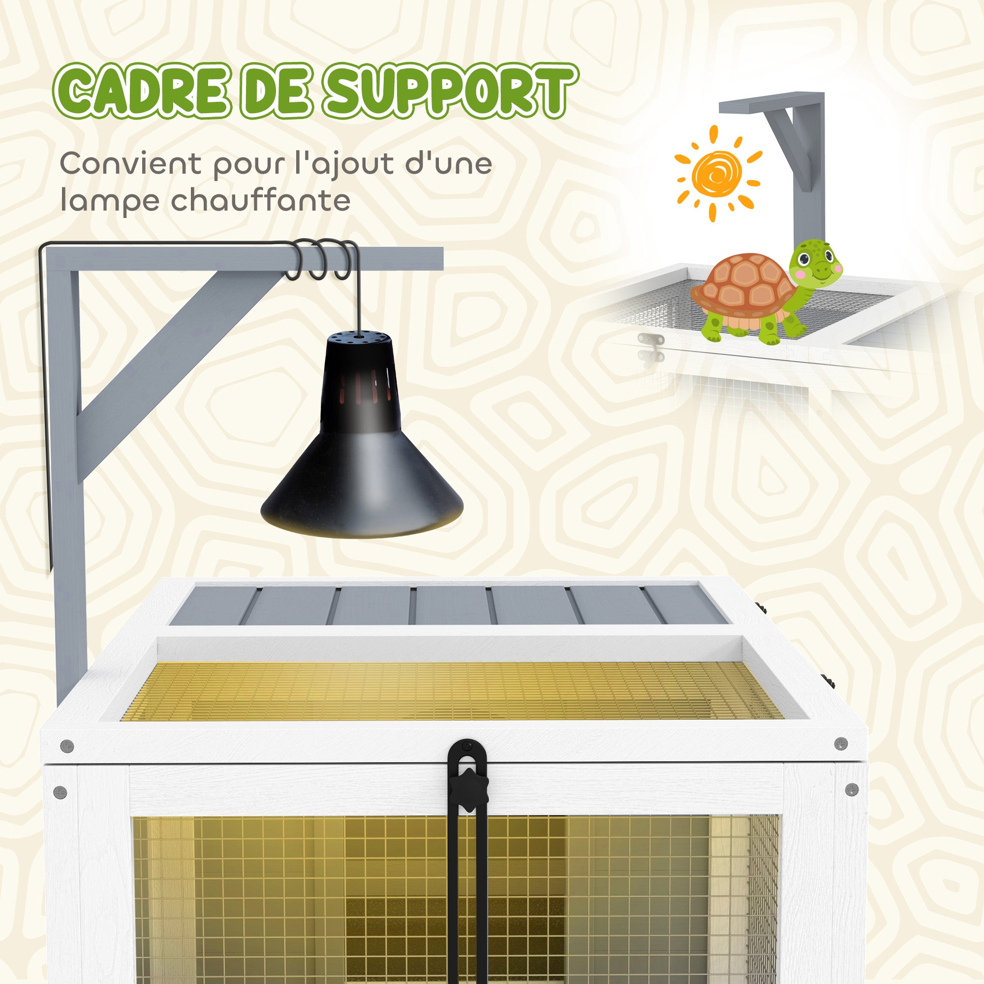 Turtle Enclosure, outdoor wooden land turtle house with lamp stand, 2 sliding trays, cage for land turtles, rabbits, and small animals - dimensions 81 x 48 x 31.5 cm, light gray