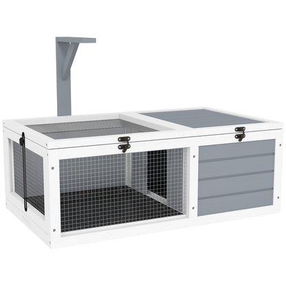 Turtle Enclosure, outdoor wooden land turtle house with lamp stand, 2 sliding trays, cage for land turtles, rabbits, and small animals - dimensions 81 x 48 x 31.5 cm, light gray