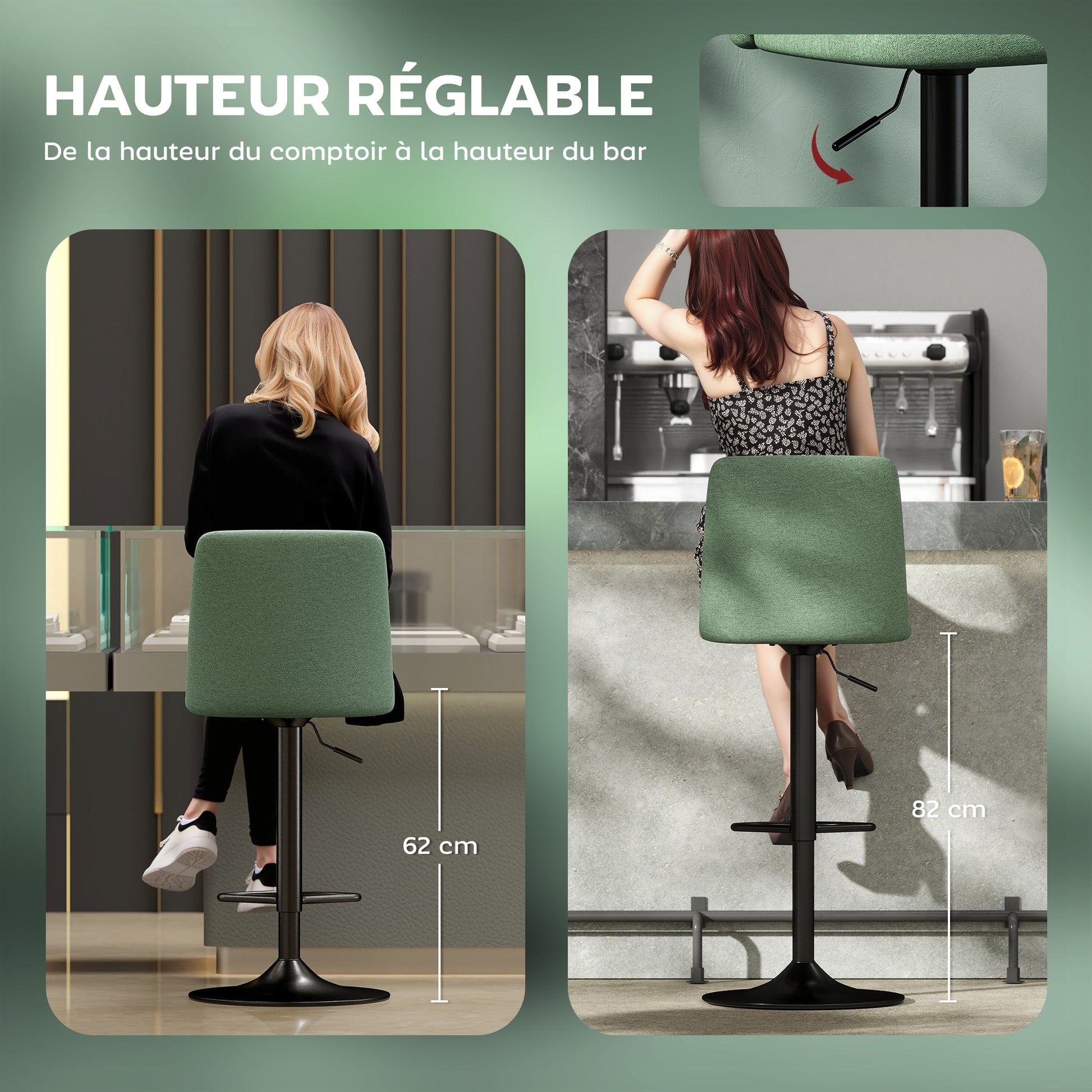 Set of 2 Bar Stools, Swivel Bar Chairs with Adjustable Height, High Kitchen Chairs with Backrest and Footrest, Steel Frame, Green