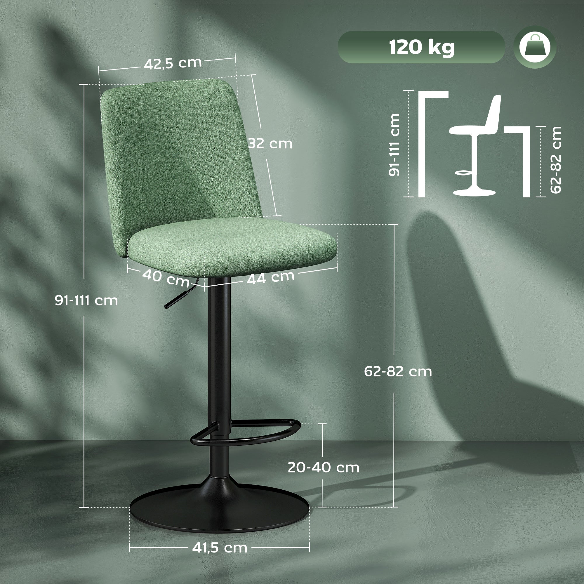 Set of 2 Bar Stools, Swivel Bar Chairs with Adjustable Height, High Kitchen Chairs with Backrest and Footrest, Steel Frame, Green