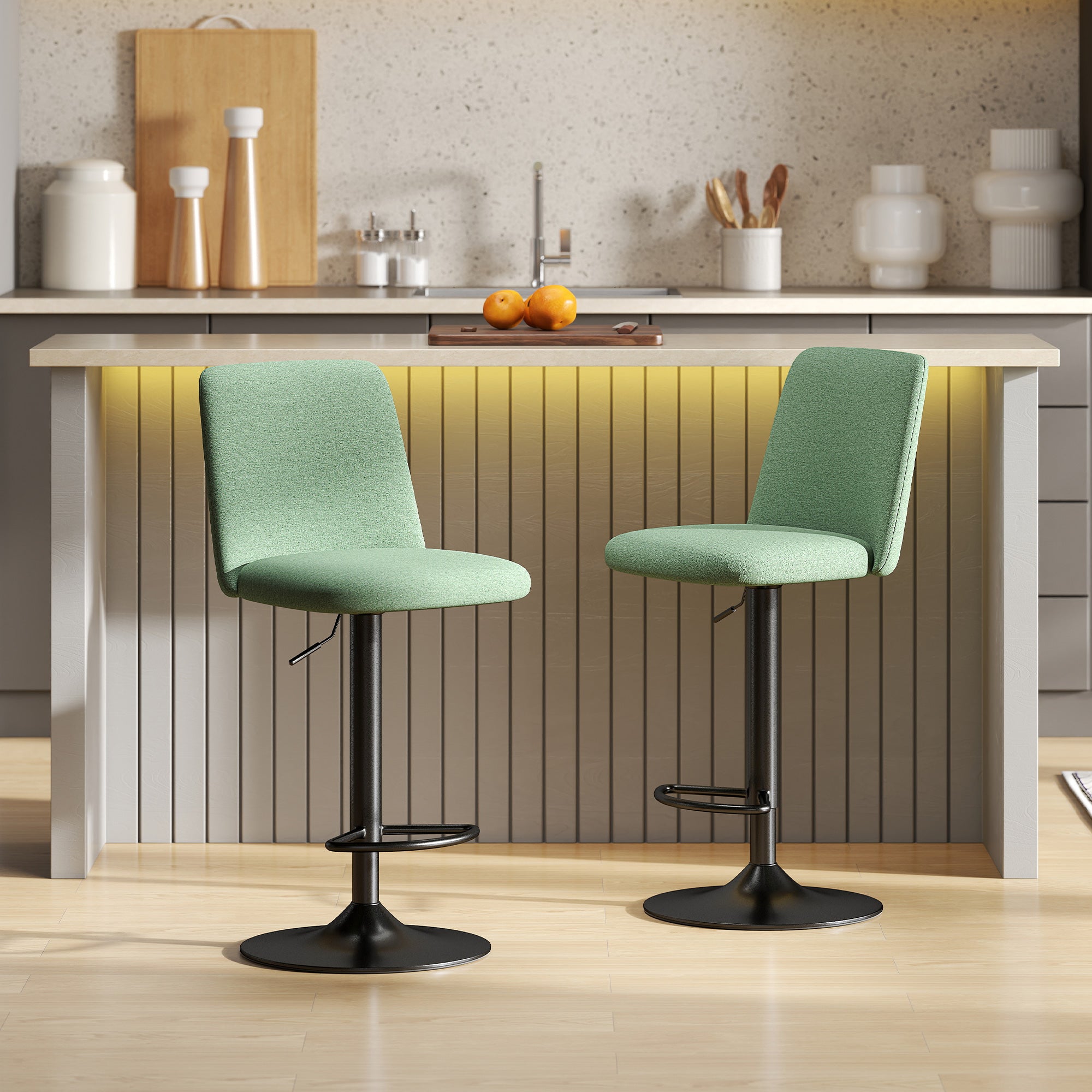 Set of 2 Bar Stools, Swivel Bar Chairs with Adjustable Height, High Kitchen Chairs with Backrest and Footrest, Steel Frame, Green