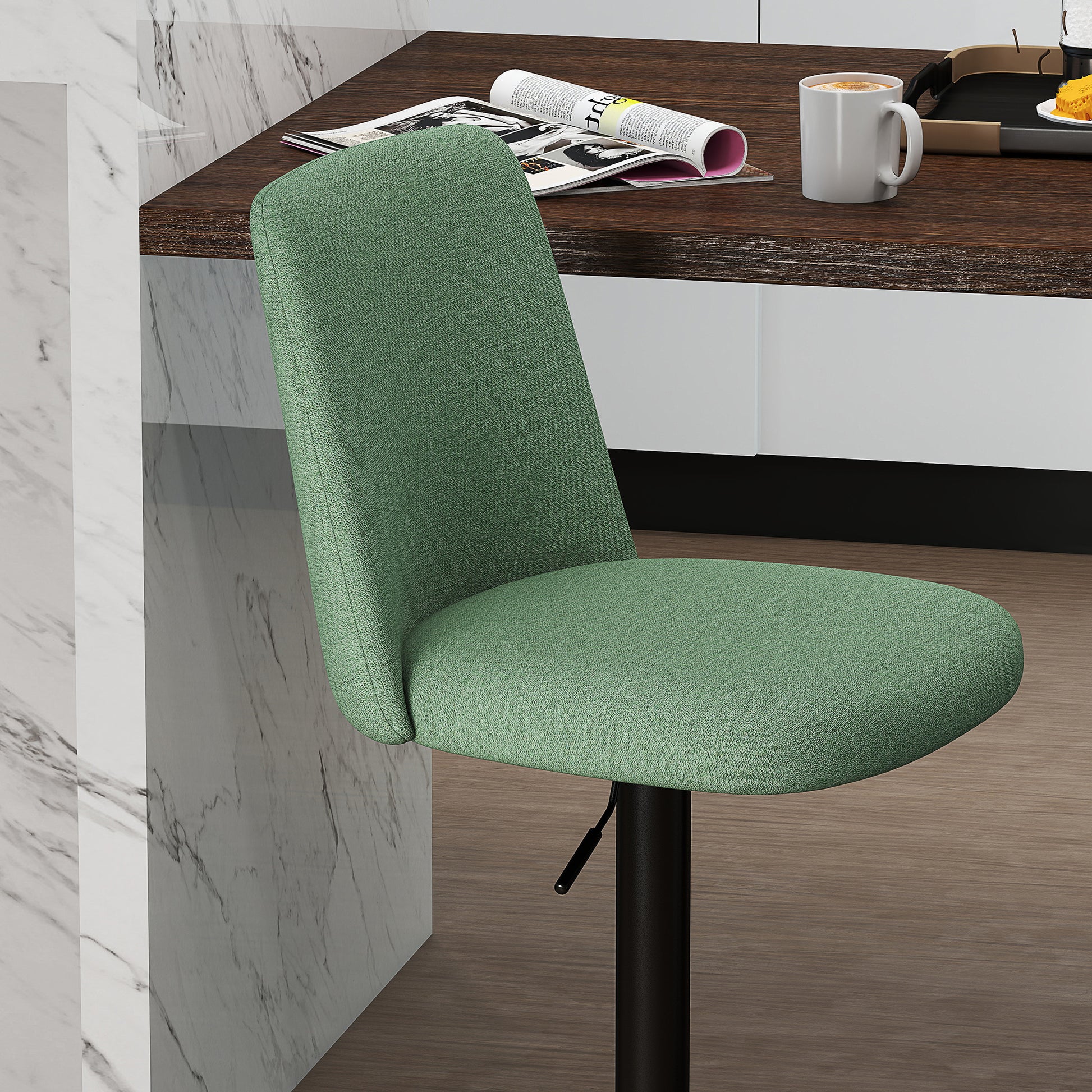 Set of 2 Bar Stools, Swivel Bar Chairs with Adjustable Height, High Kitchen Chairs with Backrest and Footrest, Steel Frame, Green