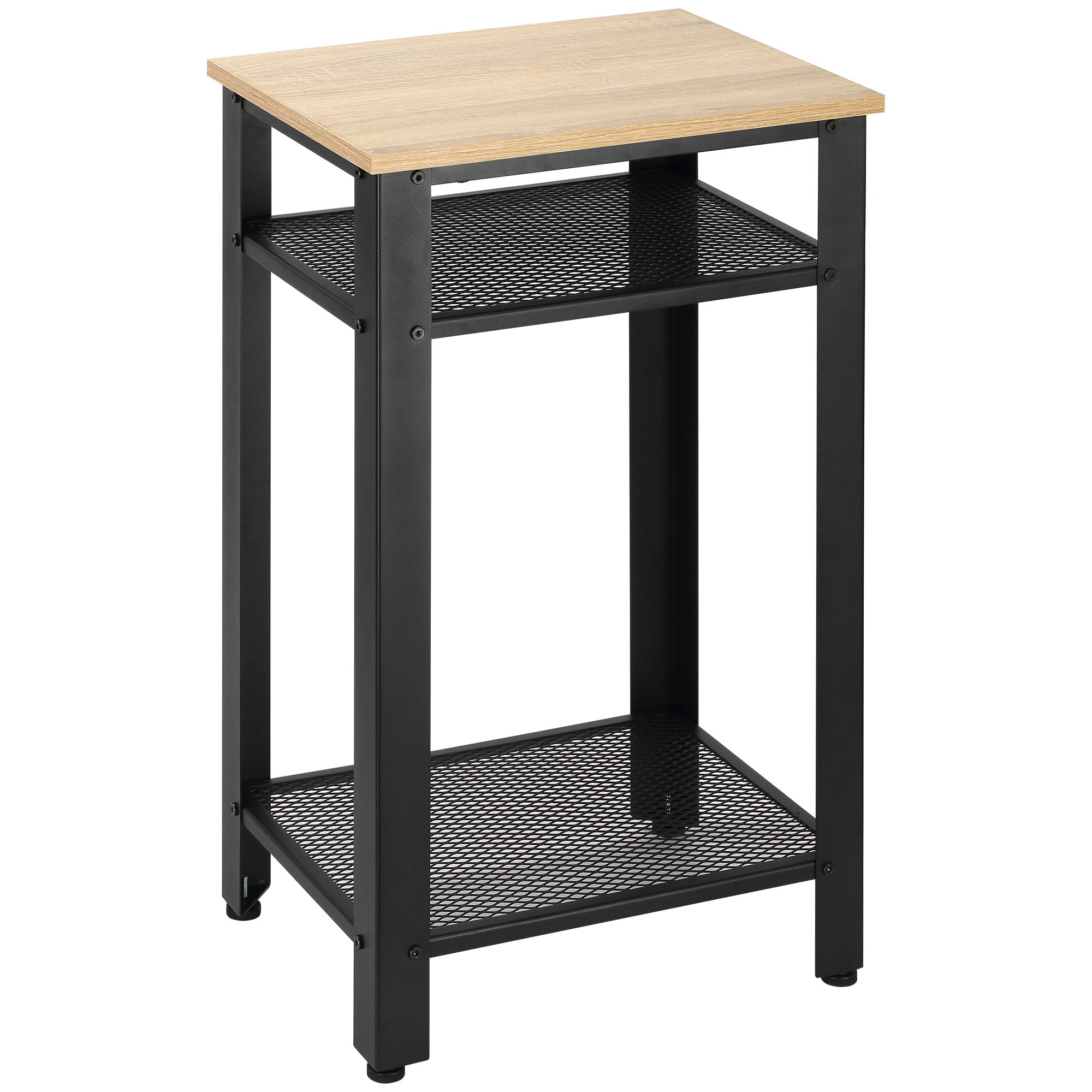 Industrial Style Side Table Nightstand with 2 Metal Grid Shelves and Adjustable Feet for Living Room Bedroom 45x35x75 cm Oak and Black