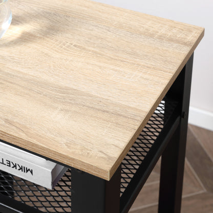 Industrial Style Side Table Nightstand with 2 Metal Grid Shelves and Adjustable Feet for Living Room Bedroom 45x35x75 cm Oak and Black