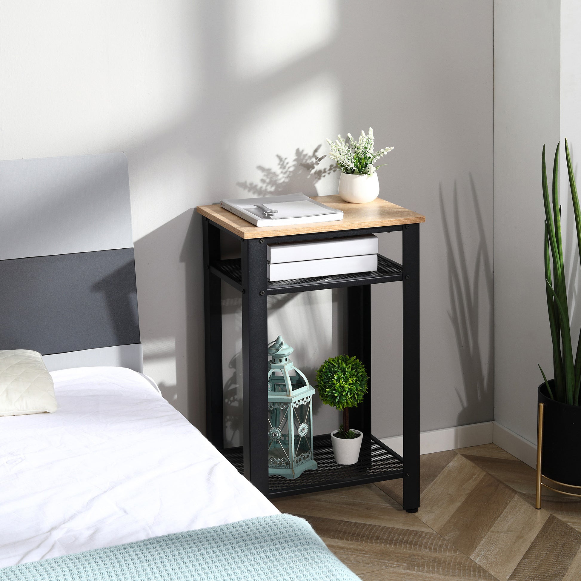 Industrial Style Side Table Nightstand with 2 Metal Grid Shelves and Adjustable Feet for Living Room Bedroom 45x35x75 cm Oak and Black