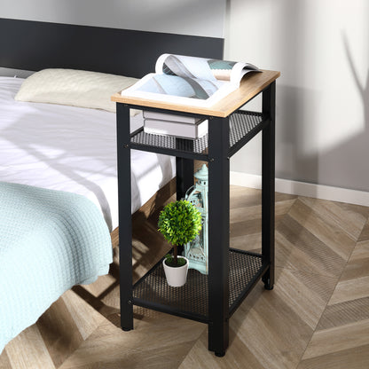 Industrial Style Side Table Nightstand with 2 Metal Grid Shelves and Adjustable Feet for Living Room Bedroom 45x35x75 cm Oak and Black