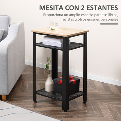 Industrial Style Side Table Nightstand with 2 Metal Grid Shelves and Adjustable Feet for Living Room Bedroom 45x35x75 cm Oak and Black