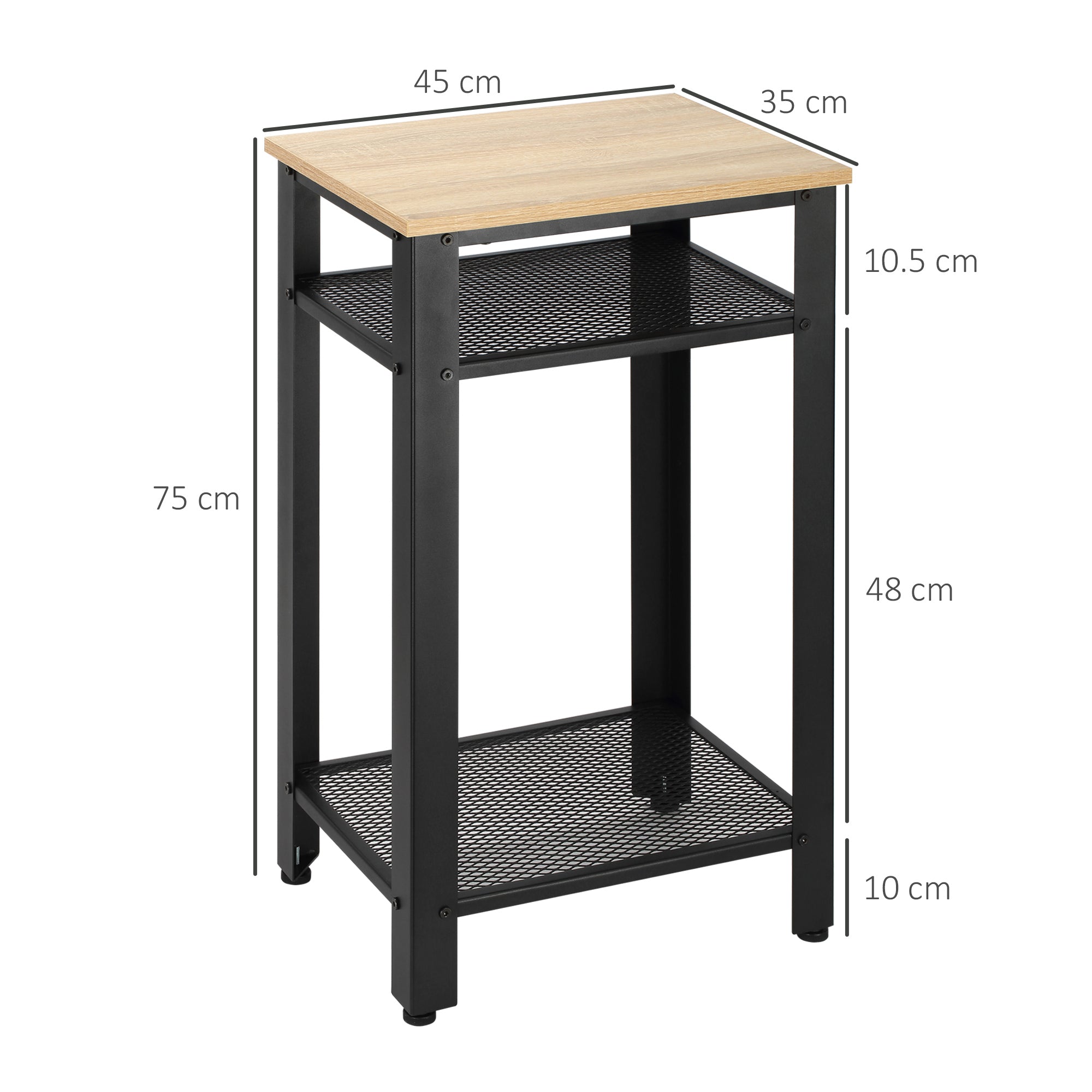 Industrial Style Side Table Nightstand with 2 Metal Grid Shelves and Adjustable Feet for Living Room Bedroom 45x35x75 cm Oak and Black