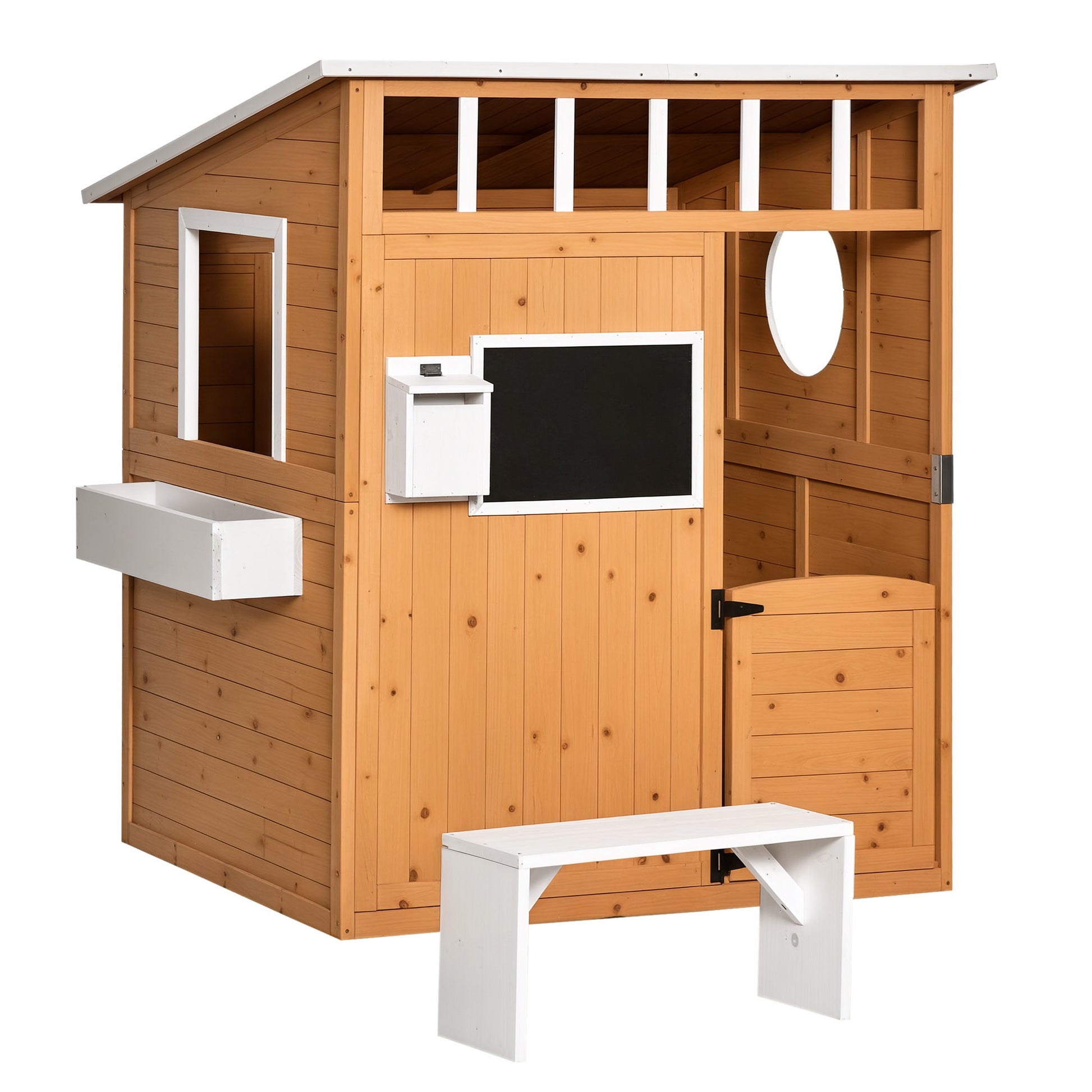 Kids Playhouse Wooden Children's Playhouse with Window Mailbox Outdoor Garden Playhouse with Flower Pot Rack Wooden Playhouse for 3-8 Years Pine Wood Natural 122 x 108 x 135.5 cm
