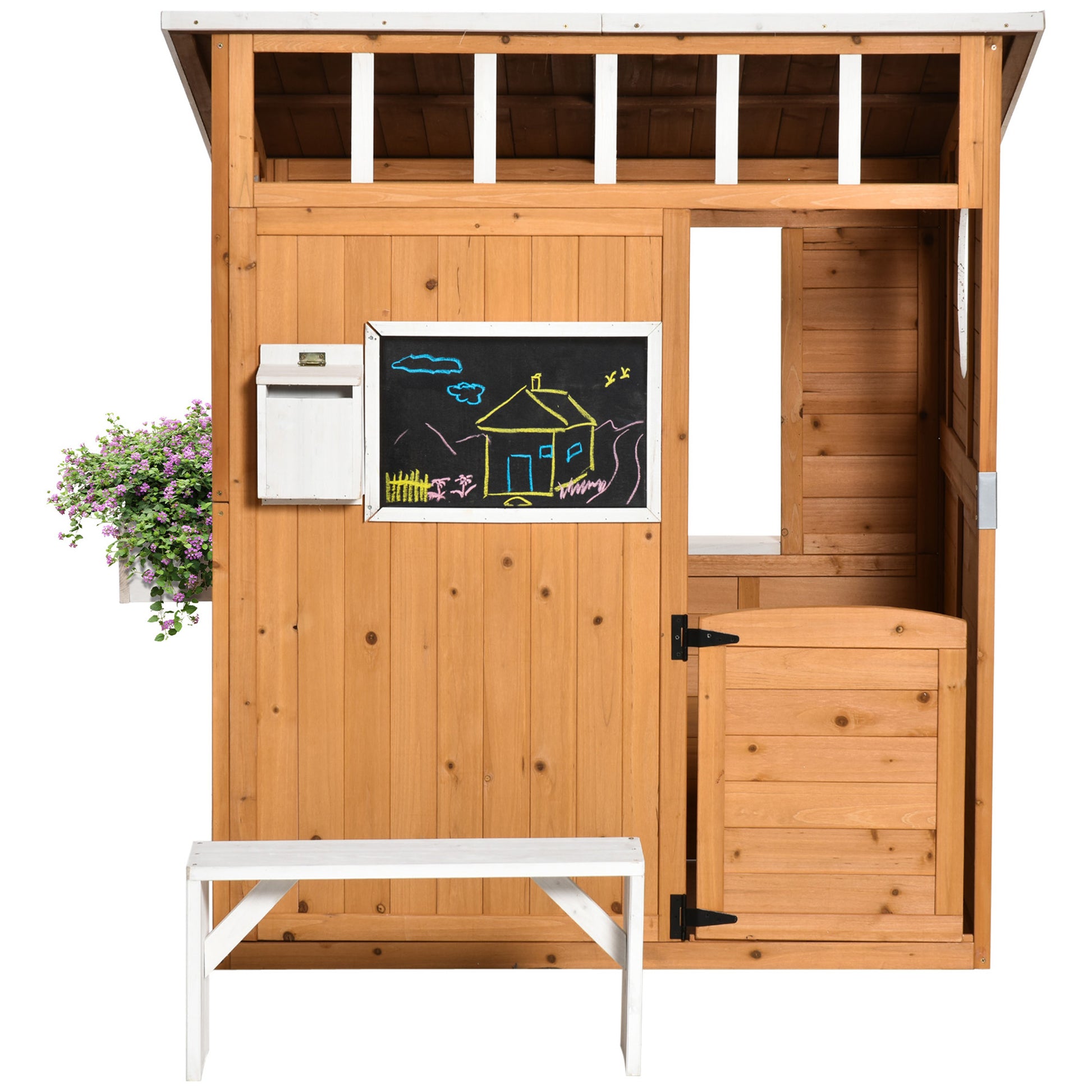 Kids Playhouse Wooden Children's Playhouse with Window Mailbox Outdoor Garden Playhouse with Flower Pot Rack Wooden Playhouse for 3-8 Years Pine Wood Natural 122 x 108 x 135.5 cm