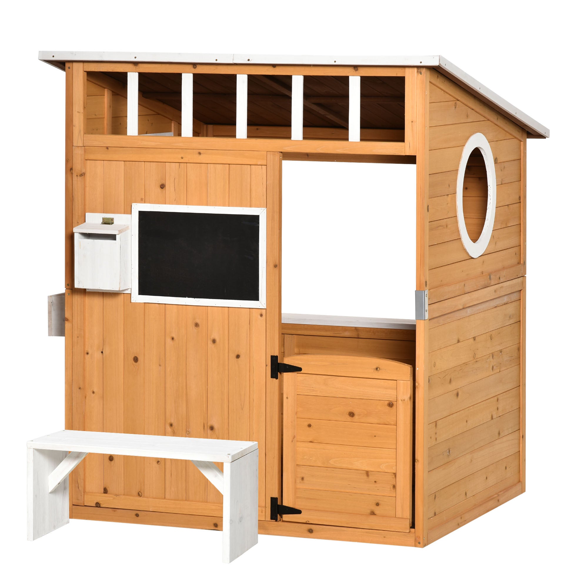 Kids Playhouse Wooden Children's Playhouse with Window Mailbox Outdoor Garden Playhouse with Flower Pot Rack Wooden Playhouse for 3-8 Years Pine Wood Natural 122 x 108 x 135.5 cm