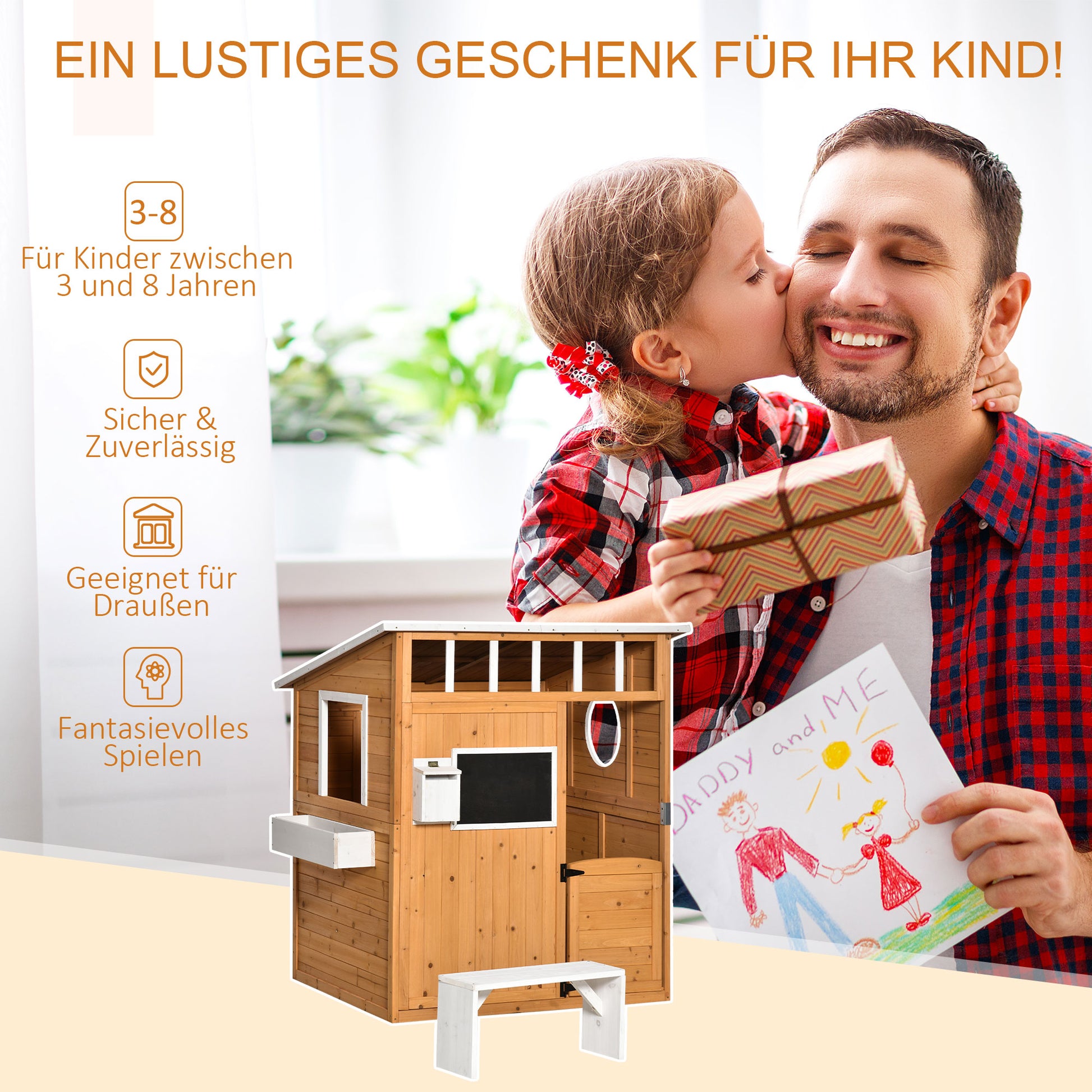 Kids Playhouse Wooden Children's Playhouse with Window Mailbox Outdoor Garden Playhouse with Flower Pot Rack Wooden Playhouse for 3-8 Years Pine Wood Natural 122 x 108 x 135.5 cm