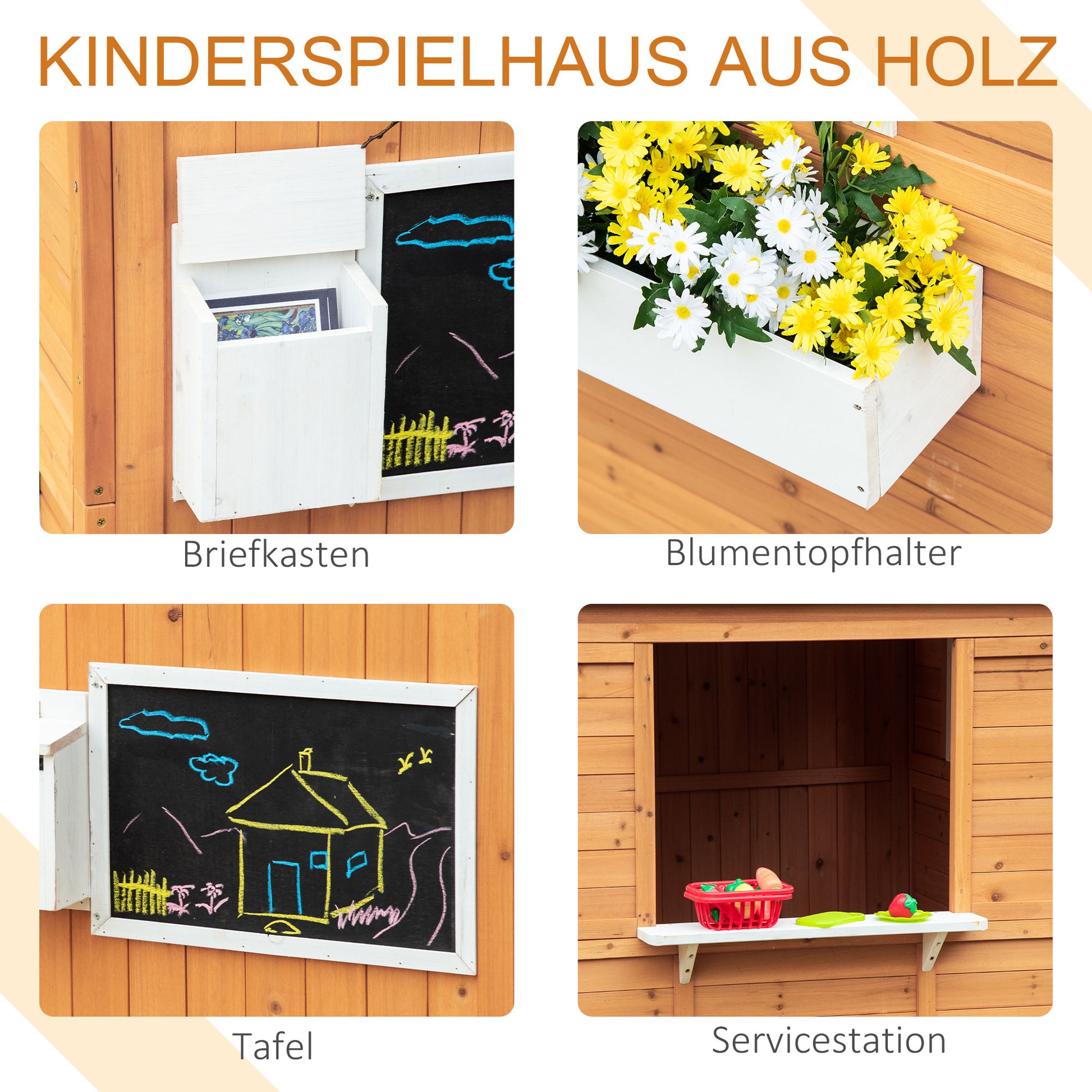 Kids Playhouse Wooden Children's Playhouse with Window Mailbox Outdoor Garden Playhouse with Flower Pot Rack Wooden Playhouse for 3-8 Years Pine Wood Natural 122 x 108 x 135.5 cm