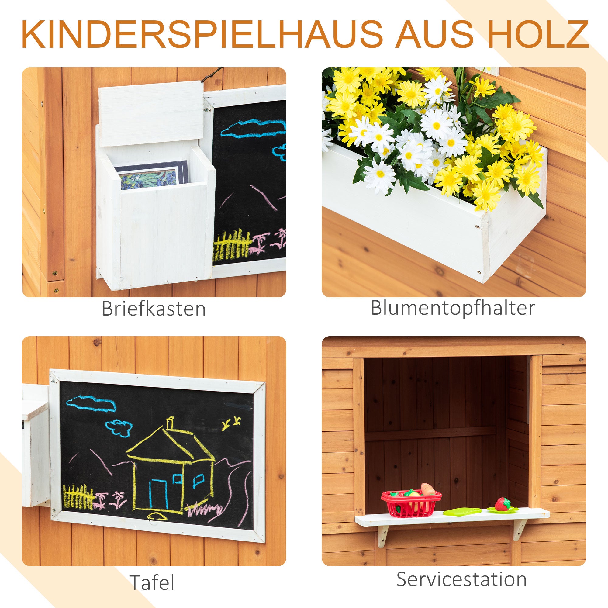 Kids Playhouse Wooden Children's Playhouse with Window Mailbox Outdoor Garden Playhouse with Flower Pot Rack Wooden Playhouse for 3-8 Years Pine Wood Natural 122 x 108 x 135.5 cm