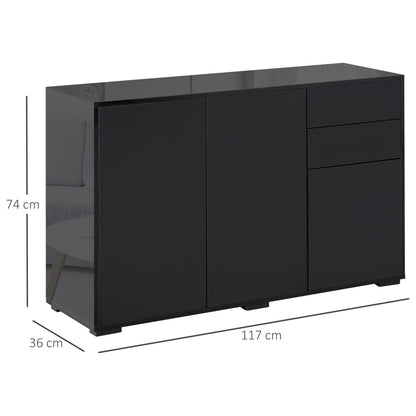 Buffet Sideboard Storage Cabinet with 2 Drawers, 3 Doors, Adjustable Shelf, Particle Board, 117 x 36 x 74 cm Black