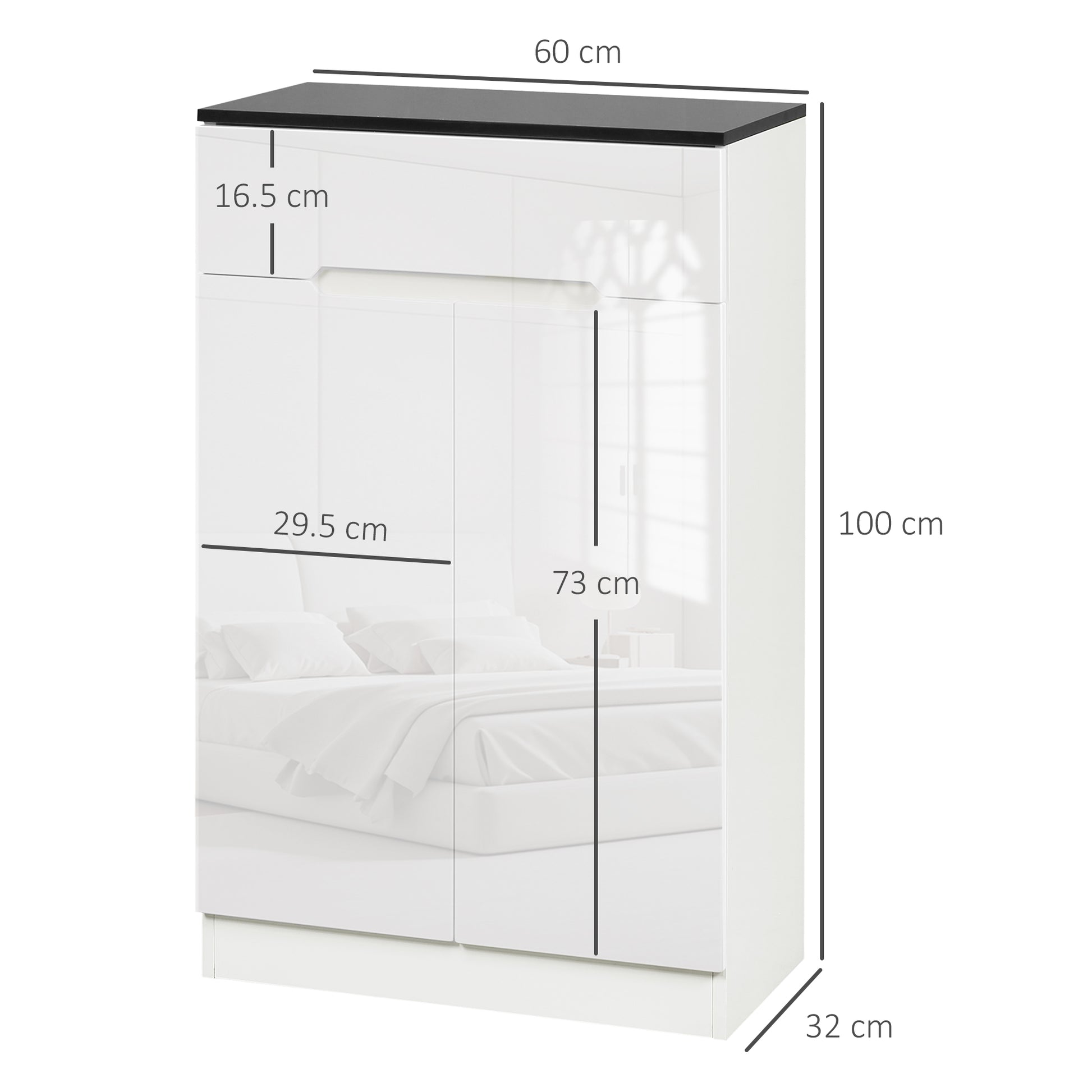 Slim Shoe Cabinet for up to 12 Pairs of Shoes for Entryways and Hallways with 3 Adjustable Shelves and Drawer, in Glossy White Chipboard, 60x32x100 cm