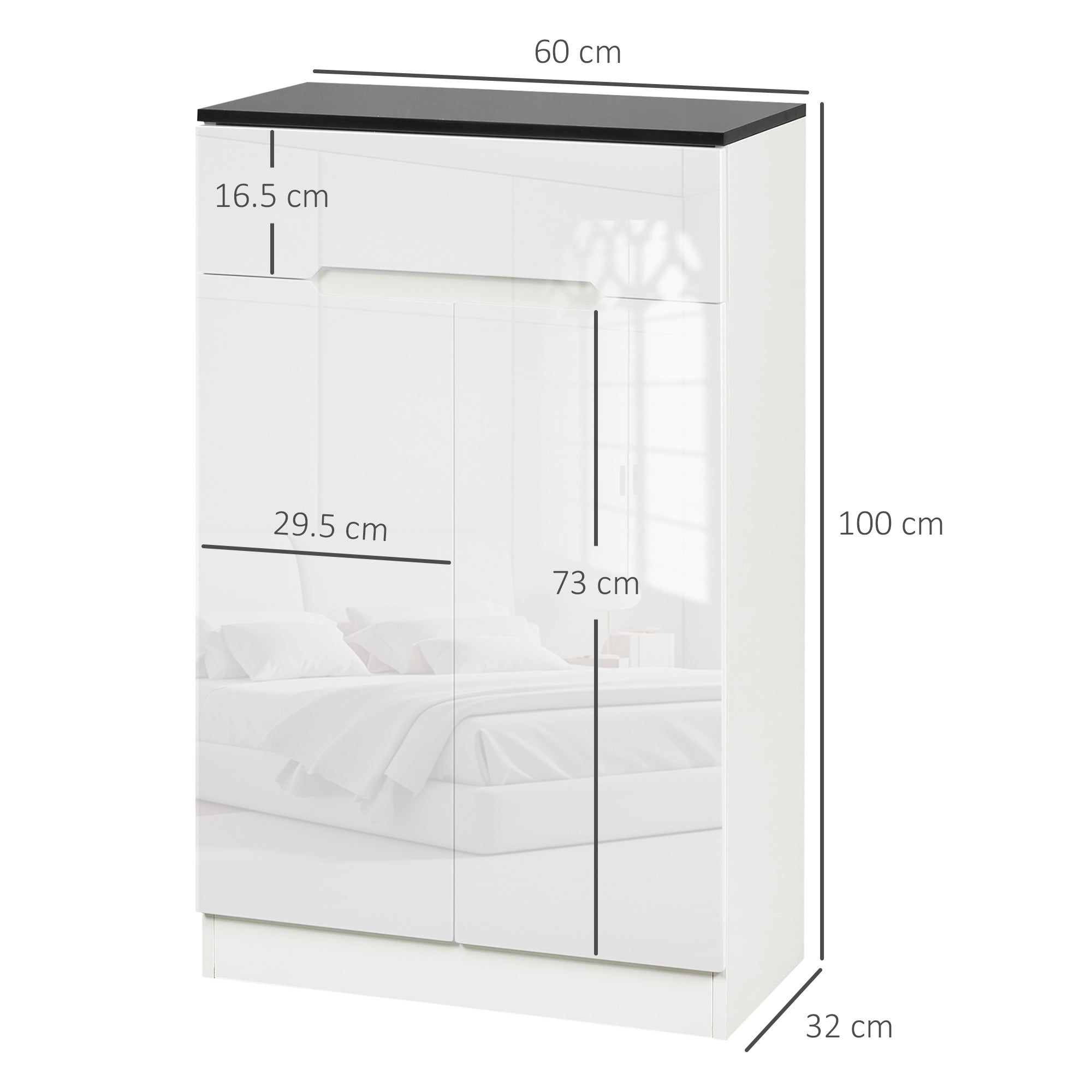 Slim Shoe Cabinet for up to 12 Pairs of Shoes for Entryways and Hallways with 3 Adjustable Shelves and Drawer, in Glossy White Chipboard, 60x32x100 cm