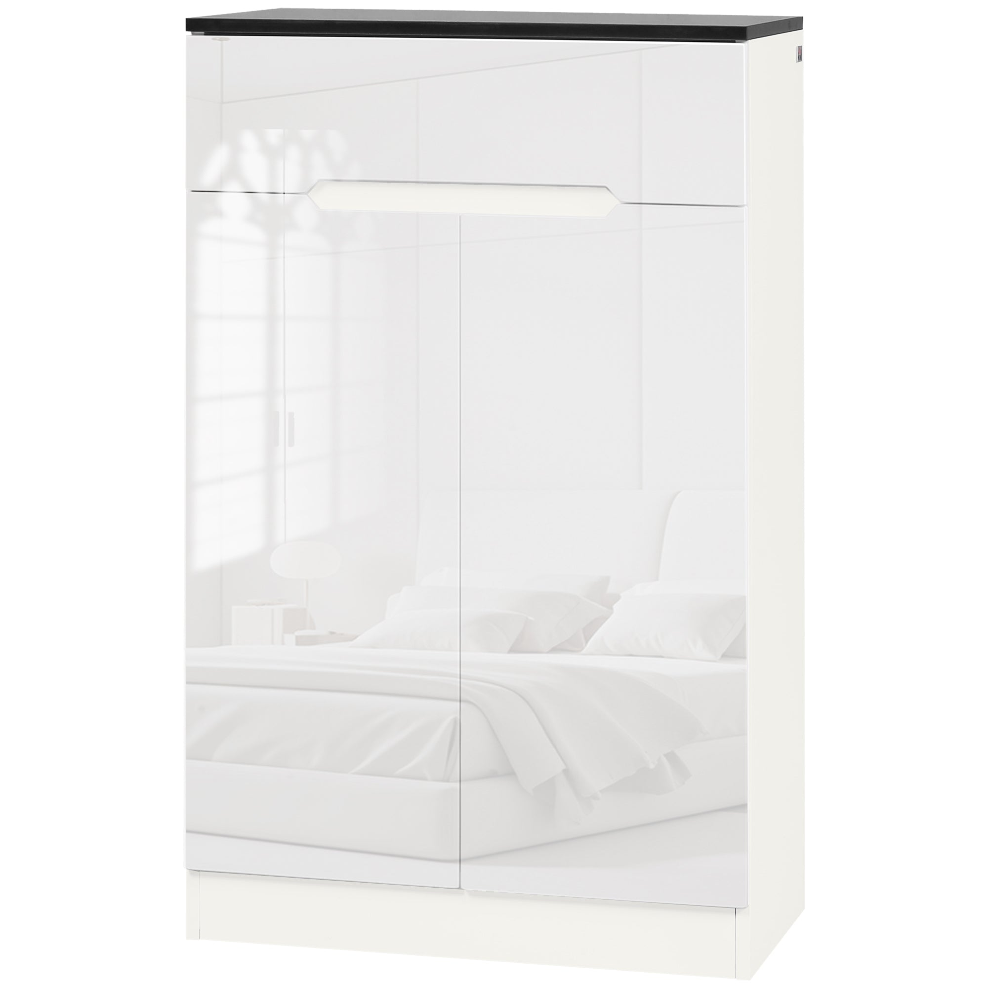Slim Shoe Cabinet for up to 12 Pairs of Shoes for Entryways and Hallways with 3 Adjustable Shelves and Drawer, in Glossy White Chipboard, 60x32x100 cm