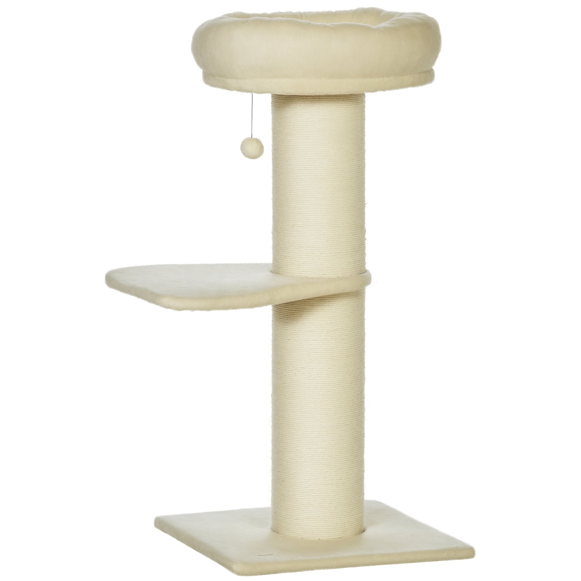 Natural Sisal Cat Tree Scratching Post with 2 Platforms Observation Basket Hanging Ball Plush Beige