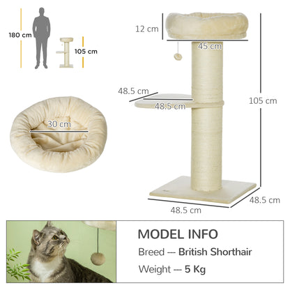 Natural Sisal Cat Tree Scratching Post with 2 Platforms Observation Basket Hanging Ball Plush Beige