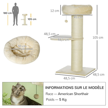 Natural Sisal Cat Tree Scratching Post with 2 Platforms Observation Basket Hanging Ball Plush Beige